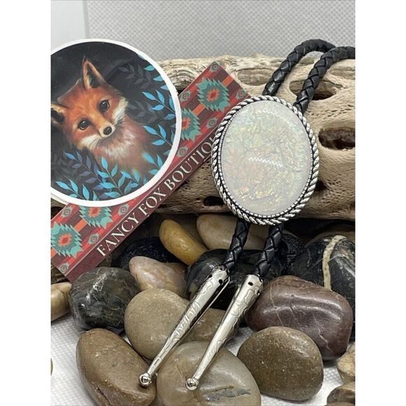 - Silver Large Green Faux Opal Wedding Mens  Womens Western Southwest Bolo - Picture 9 of 12